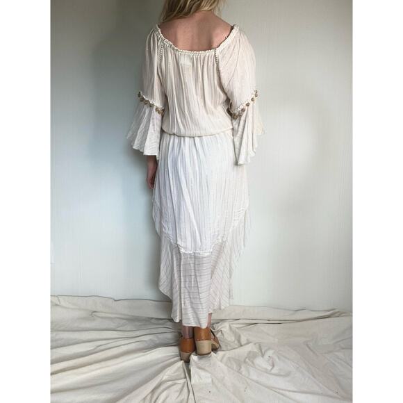 SAYLOR Grecian Goddess Ivory Gauze Off Shoulder Bell Sleeve Maxi Dress US SMALL - Picture 8 of 16